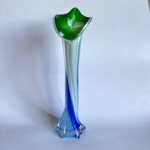 Art Glass Vase Hand Blown JACK IN THE PULPIT Swirl Blue White Green Hand Crafted